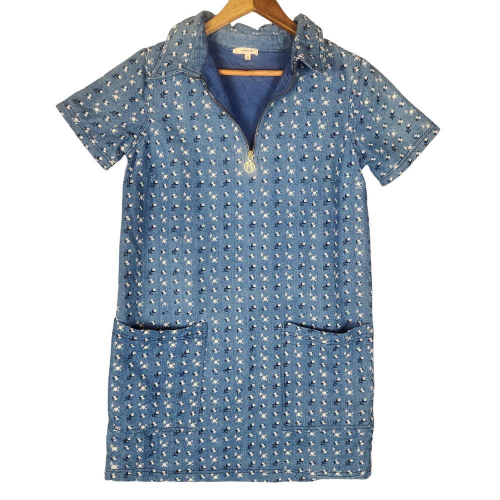 Manoush Paris Dress Size 8 40  Blue Floral Embroidered Denim Mini Mod Retro